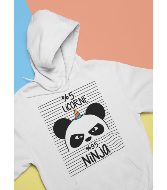 Sweat Shirt BLANC Capuche 5% licorne, 95% ninja, le Panda Ninja