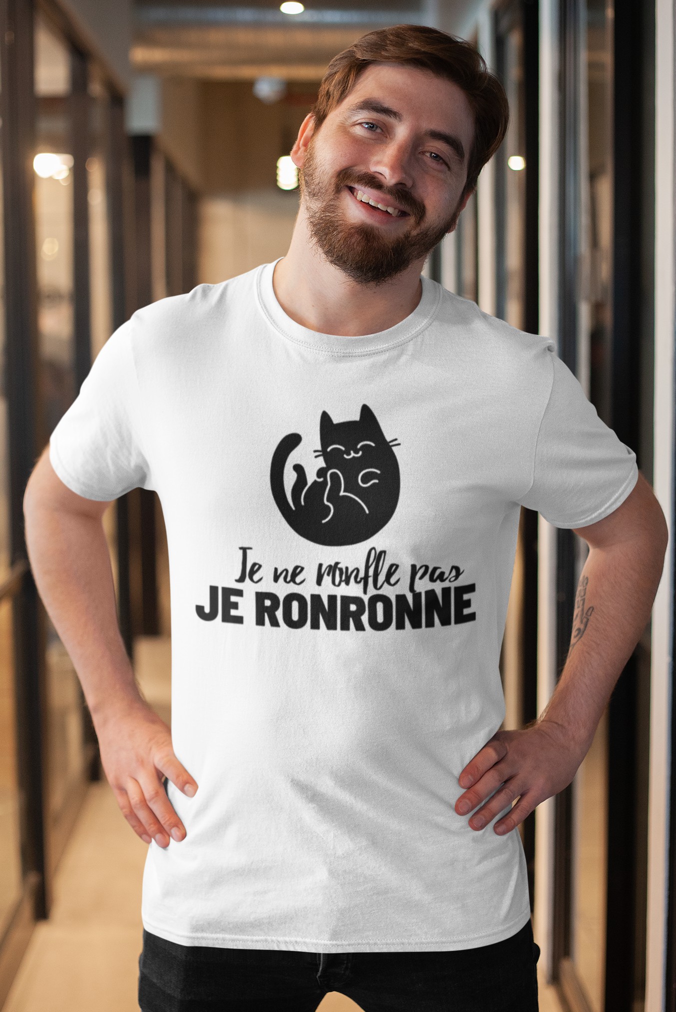 Tee Shirt Original Blanc pour homme Je ne ronfle pas, je Ronronne