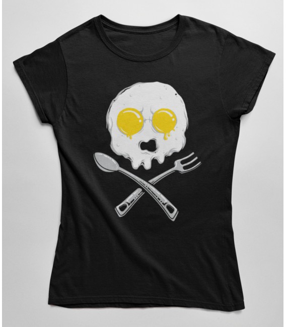 T-Shirt Femme Skull Oeuf, Tête de Mort Oeuf sur le plat, 100% coton Bio