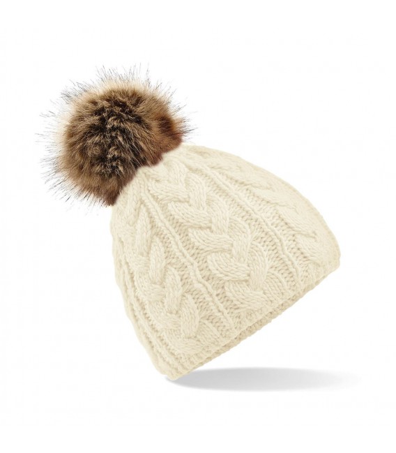 Bonnet Pom Pom, aspect tricoté main , Ecru